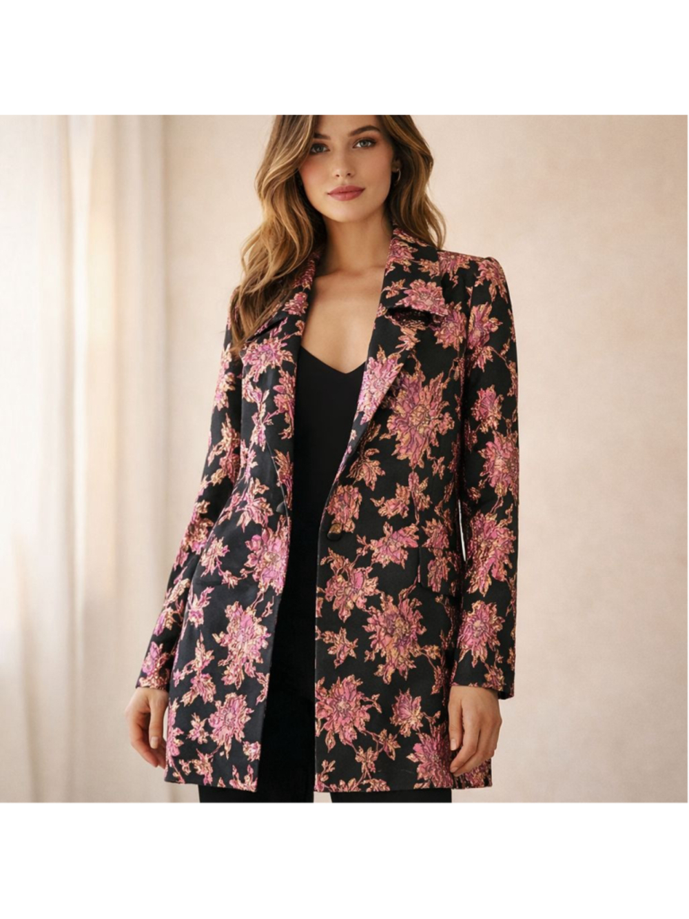 For Love & Lemons Pink Gold Floral Brocade Jacquard Longline Blazer Small